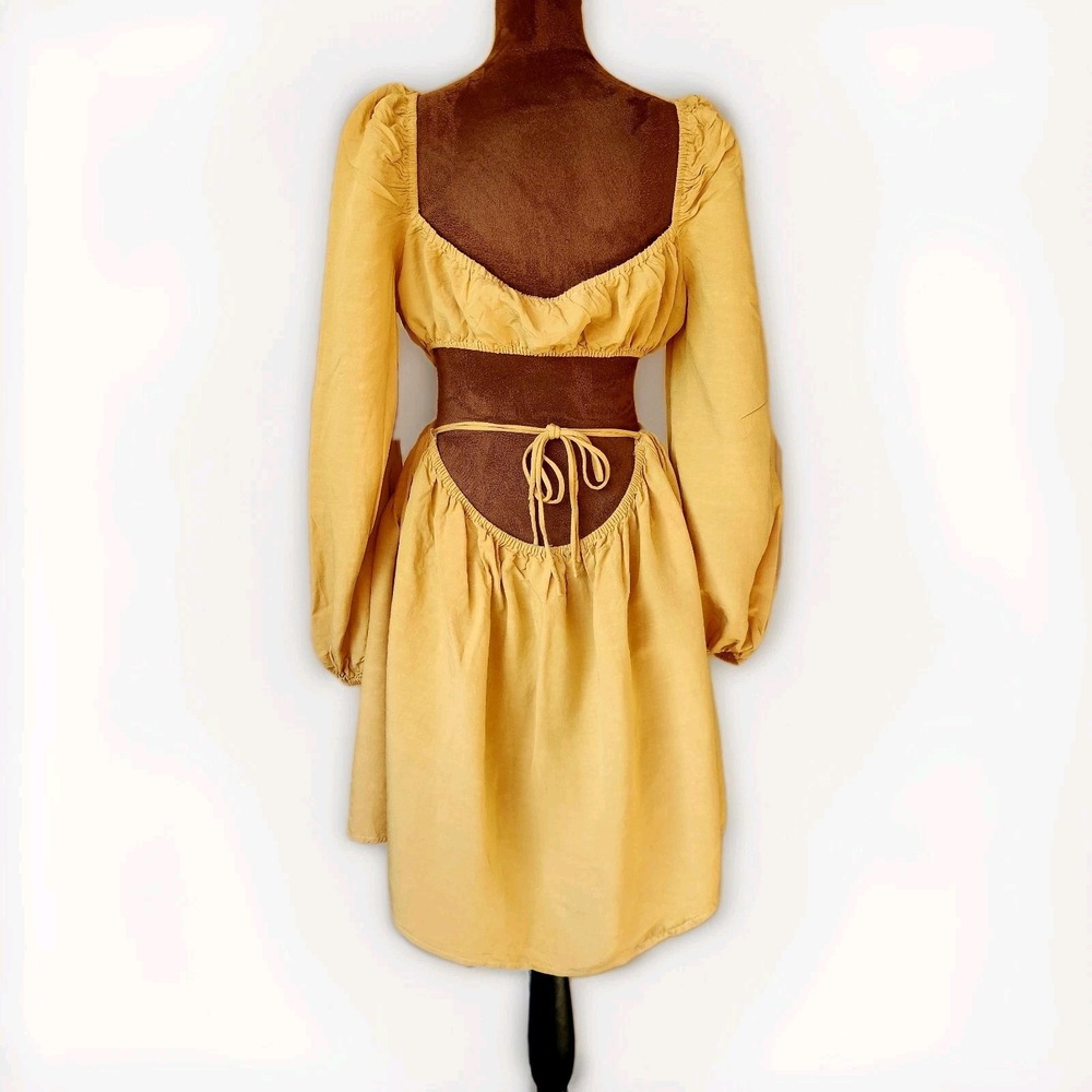 EMORY PARK Dress Size L Yellow Bohemian Cut Outs Low Back Linen Blend‎ - Picture 5 of 11